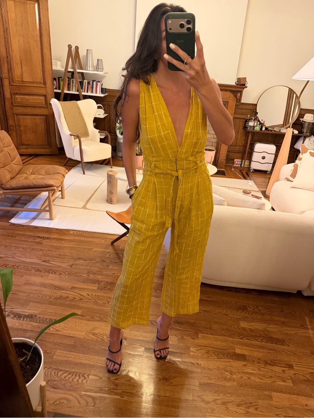Mes Demoiselles Mustard Yellow Windowpane V-Neck Jumpsuit - Size 4US
